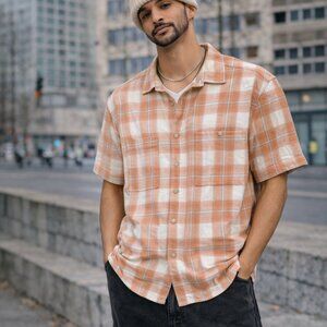 Men's salmon plaid short sleeve flannel snap button shirt